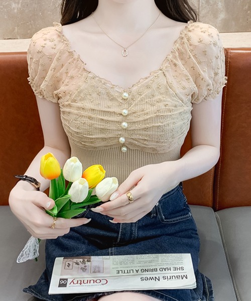 Lace Ladies（レースレディース）の「花柄 シフォン パール付き パフ袖 リブ トップス（Tシャツ/カットソー・レディース・ベージュ/ピンク/ブラック/アイボリー・FREE）」の18枚目の写真