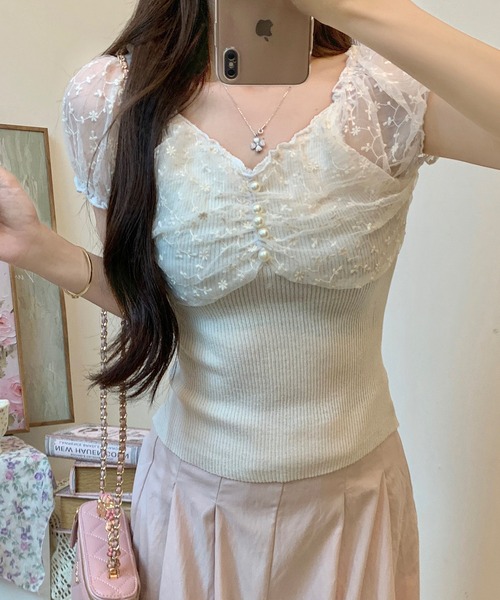 Lace Ladies（レースレディース）の「花柄 シフォン パール付き パフ袖 リブ トップス（Tシャツ/カットソー・レディース・ベージュ/ピンク/ブラック/アイボリー・FREE）」の19枚目の写真