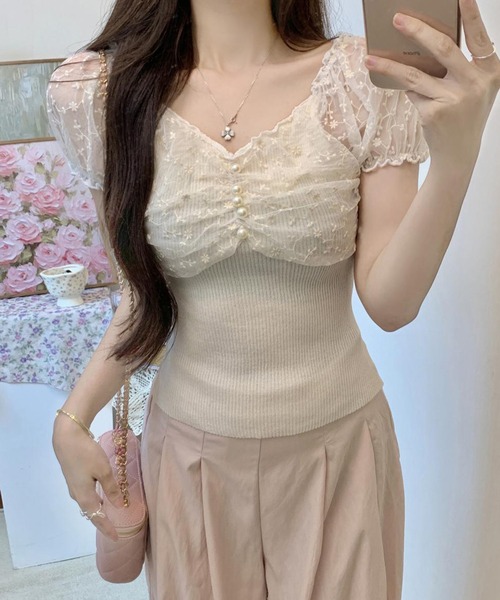 Lace Ladies（レースレディース）の「花柄 シフォン パール付き パフ袖 リブ トップス（Tシャツ/カットソー・レディース・ベージュ/ピンク/ブラック/アイボリー・FREE）」の20枚目の写真