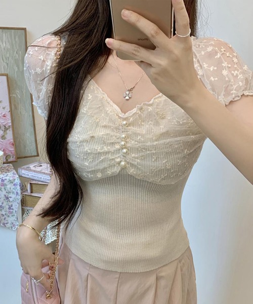 Lace Ladies（レースレディース）の「花柄 シフォン パール付き パフ袖 リブ トップス（Tシャツ/カットソー・レディース・ベージュ/ピンク/ブラック/アイボリー・FREE）」の21枚目の写真