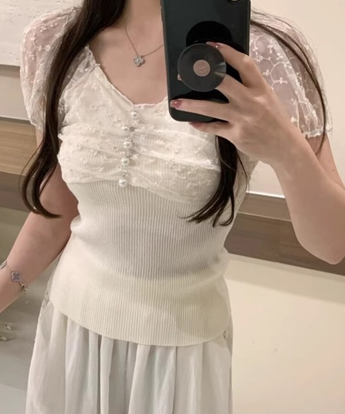 Lace Ladies（レースレディース）の「花柄 シフォン パール付き パフ袖 リブ トップス（Tシャツ/カットソー・レディース・ベージュ/ピンク/ブラック/アイボリー・FREE）」の22枚目の写真