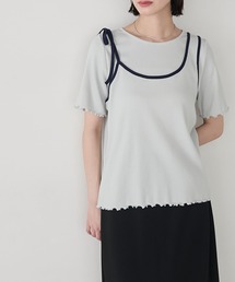 【forksy.】アシンメトリーショルダーデザインレイヤード風リブ半袖Tシャツ