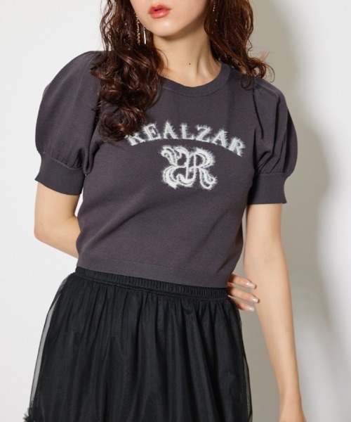 rienda（リエンダ）の「ジャガードロゴニットトップス 半袖 秋服  サマーニット（ニット/セーター・レディース・ライトブルー/ライトブラック/ピンク/ホワイト・FREE）」の2枚目の写真