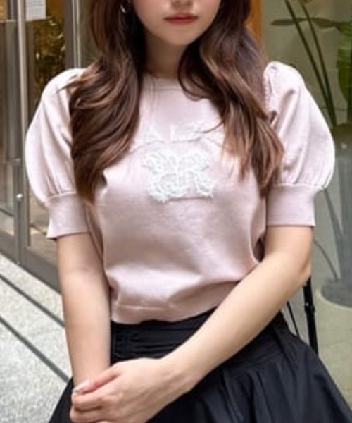 rienda（リエンダ）の「ジャガードロゴニットトップス 半袖 秋服  サマーニット（ニット/セーター・レディース・ライトブルー/ライトブラック/ピンク/ホワイト・FREE）」の4枚目の写真