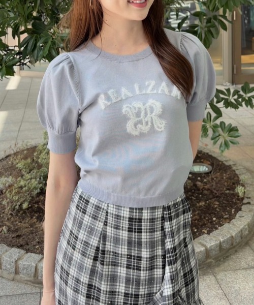 rienda（リエンダ）の「ジャガードロゴニットトップス 半袖 秋服  サマーニット（ニット/セーター・レディース・ライトブルー/ライトブラック/ピンク/ホワイト・FREE）」の3枚目の写真