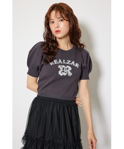 rienda（リエンダ）の「ジャガードロゴニットトップス 半袖 秋服  サマーニット（ニット/セーター・レディース・ライトブルー/ライトブラック/ピンク/ホワイト・FREE）」の7枚目の写真