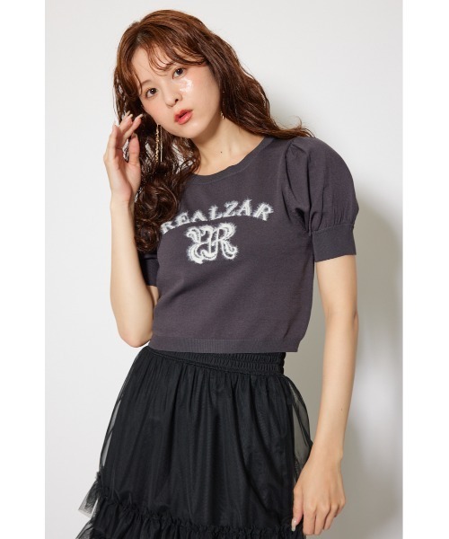 rienda（リエンダ）の「ジャガードロゴニットトップス 半袖 秋服  サマーニット（ニット/セーター・レディース・ライトブルー/ライトブラック/ピンク/ホワイト・FREE）」の9枚目の写真