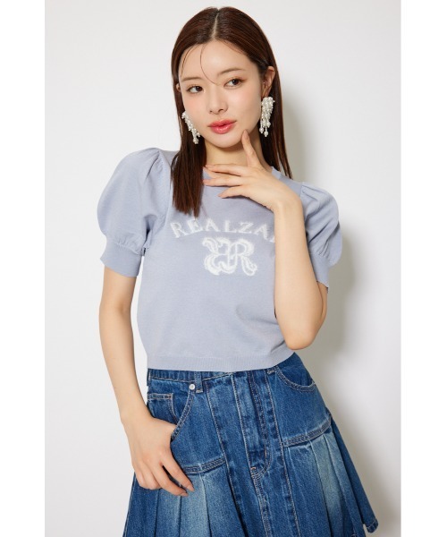 rienda（リエンダ）の「ジャガードロゴニットトップス 半袖 秋服  サマーニット（ニット/セーター・レディース・ライトブルー/ライトブラック/ピンク/ホワイト・FREE）」の14枚目の写真