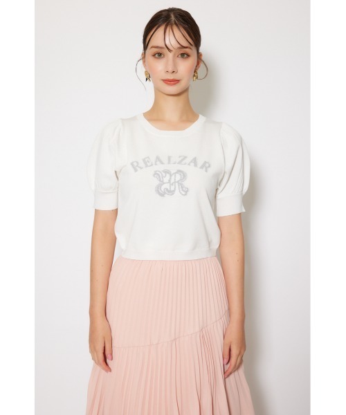 rienda（リエンダ）の「ジャガードロゴニットトップス 半袖 秋服  サマーニット（ニット/セーター・レディース・ライトブルー/ライトブラック/ピンク/ホワイト・FREE）」の5枚目の写真