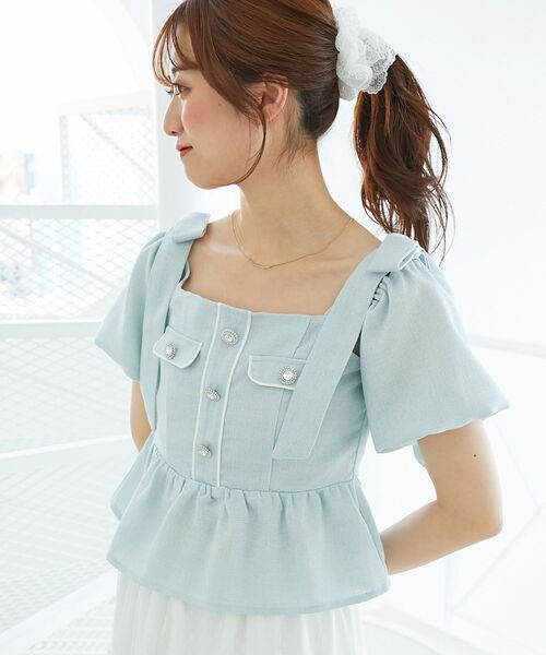 MAJESTIC LEGON（マジェスティックレゴン）の「肩リボンツイードペプラムブラウス（シャツ/ブラウス・レディース・アイボリー/ブラック/ブルー・MEDIUM）」の3枚目の写真