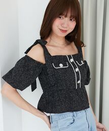 MAJESTIC LEGON | 肩リボンツイードペプラムブラウス(シャツ/ブラウス)