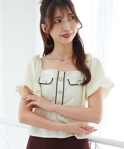 MAJESTIC LEGON（マジェスティックレゴン）の「肩リボンツイードペプラムブラウス（シャツ/ブラウス・レディース・アイボリー/ブラック/ブルー・MEDIUM）」の7枚目の写真