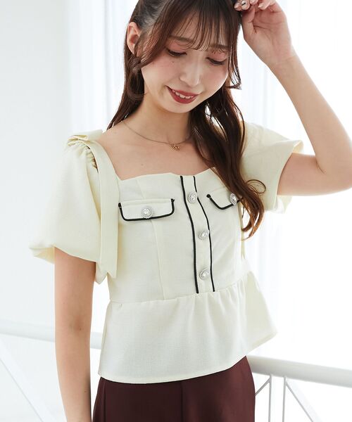 MAJESTIC LEGON（マジェスティックレゴン）の「肩リボンツイードペプラムブラウス（シャツ/ブラウス・レディース・アイボリー/ブラック/ブルー・MEDIUM）」の8枚目の写真