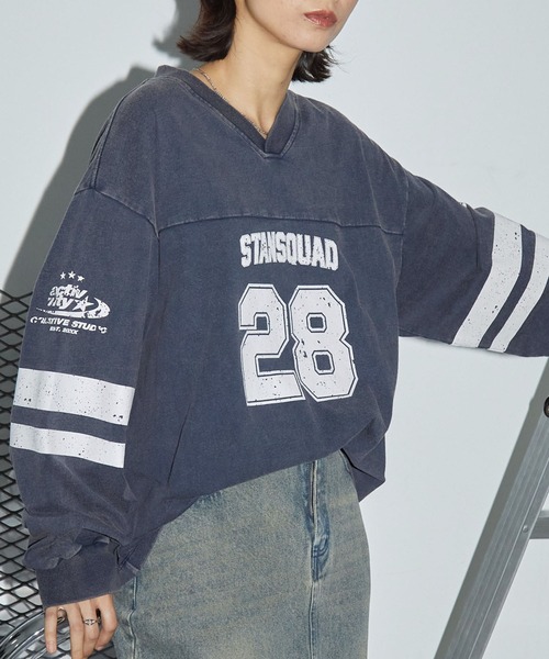 Anchor Smith(アンカー スミス)の「ヴィンテージパウダーブリーチ加工 ナンバリングホッケーデザインロンT(Tシャツ/カットソー・レディース・ネイビー/レッド/ブラック・M/L)」の1枚目の写真