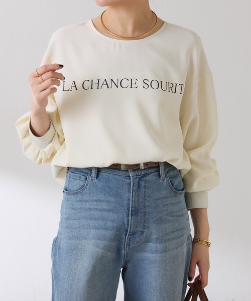 COLLAGE GALLARDAGALANTE（コラージュガリャルダガランテ）の「2WAYロゴ袖ラメリブロンT（Tシャツ/カットソー・レディース・オフホワイト/ネイビー・FREE）」の4枚目の写真