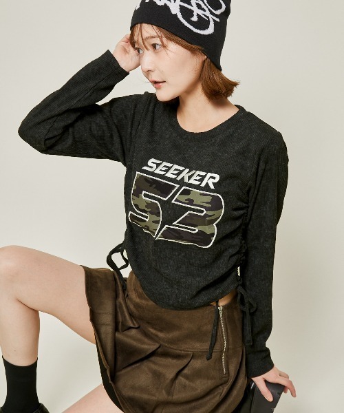 GORGE(ゴージ)の「《ドロスト×カモフラロゴ》細見えシルエットが叶うテレコトップス(Tシャツ/カットソー・レディース・ブラック/ブラウン/チャコール・F)」の2枚目の写真