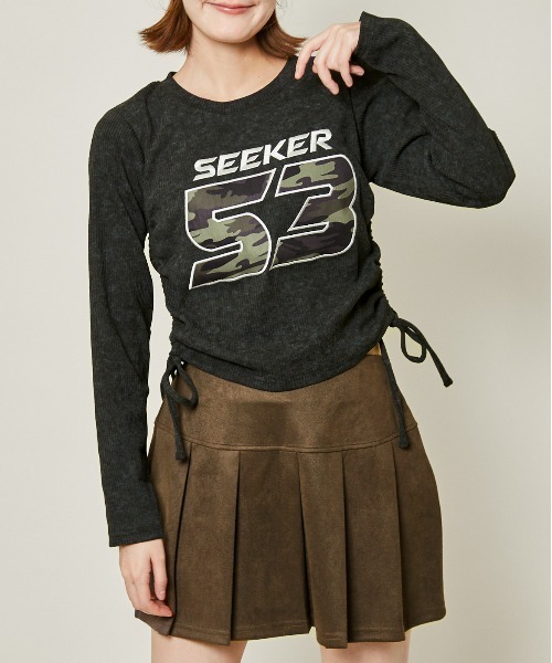 GORGE(ゴージ)の「《ドロスト×カモフラロゴ》細見えシルエットが叶うテレコトップス(Tシャツ/カットソー・レディース・ブラック/ブラウン/チャコール・F)」の5枚目の写真