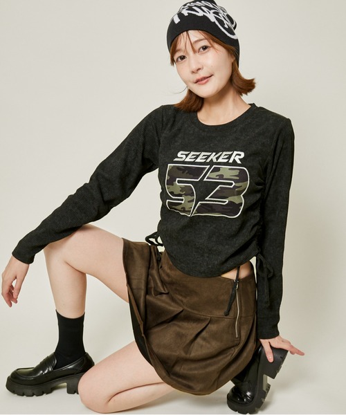 GORGE(ゴージ)の「《ドロスト×カモフラロゴ》細見えシルエットが叶うテレコトップス(Tシャツ/カットソー・レディース・ブラック/ブラウン/チャコール・F)」の6枚目の写真