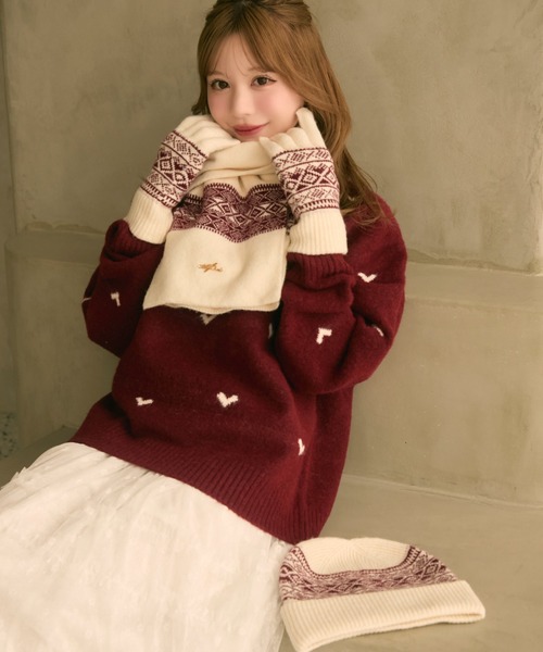 TITTY&CO.(ティティーアンドコー)の「【3点セット】ジャガードニット帽+手袋+マフラー(ニットキャップ/ビーニー・レディース・ベージュ/ブラック/ホワイト・FREE)」の5枚目の写真