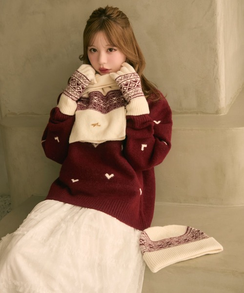 TITTY&CO.(ティティーアンドコー)の「【3点セット】ジャガードニット帽+手袋+マフラー(ニットキャップ/ビーニー・レディース・ベージュ/ブラック/ホワイト・FREE)」の9枚目の写真