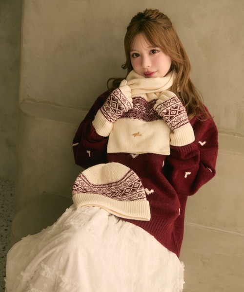 TITTY&CO.(ティティーアンドコー)の「【3点セット】ジャガードニット帽+手袋+マフラー(ニットキャップ/ビーニー・レディース・ベージュ/ブラック/ホワイト・FREE)」の8枚目の写真