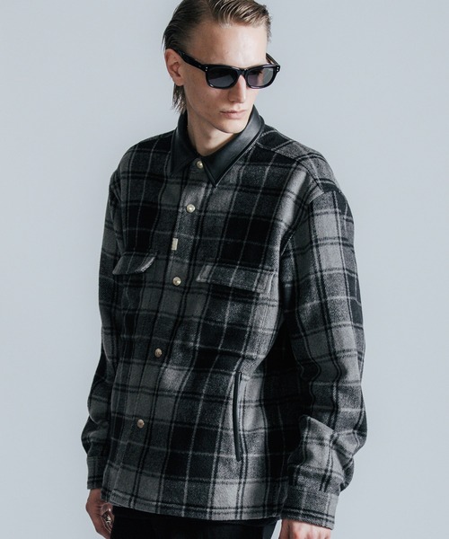 CRIMIE（クライミー）の「LEATHER COLLAR CHECK CPO SHIRT（ブルゾン・メンズ・ブラック/グリーン・M/L/XL/XXL）」の2枚目の写真