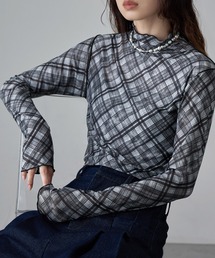 チェック柄シアーボトルネックトップス