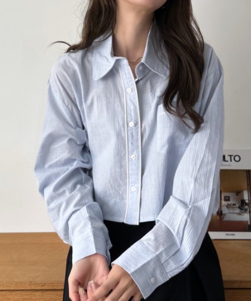 Eclat one（エクラワン）の「【Eclat one】バイカラー デザイン ショート シャツ（シャツ/ブラウス・レディース・ホワイト/ブルー・FREE）」の4枚目の写真