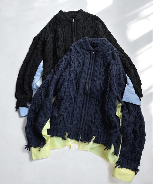antiqua(アンティカ)の「ケーブル編み ジップカーディガン(ニット/セーター・レディース・ネイビー/ブラック・ONESIZE)」の18枚目の写真