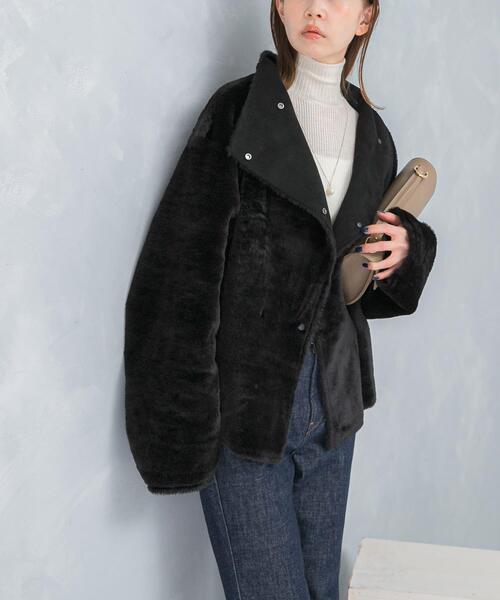 Rose*゜さん専用 ビッグカラーファータッチブルゾン 黒 ノエミー NOEMIE スタンドネック合皮ベルトユニセックスファーブルゾン