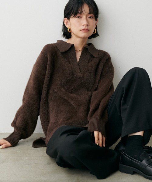 LARUTA（ラルータ）の「【LARUTA】スキッパーシャギーニットプルオーバー（ニット/セーター・レディース・ブラウン/ブラック/アイボリー/グレイッシュベージュ・FREE）」の3枚目の写真