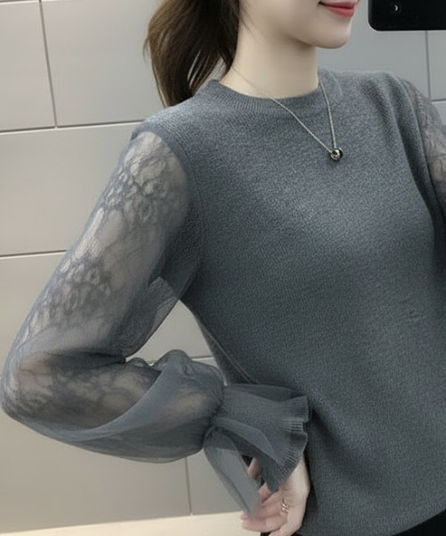 cammie(キャミー)の「袖シアーレース切替ニットトップス(ニット/セーター・レディース・ブラック/グレー/ベージュ・F)」の3枚目の写真