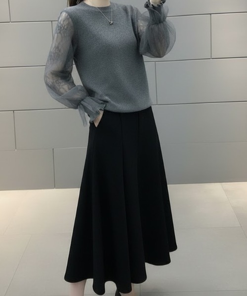 cammie(キャミー)の「袖シアーレース切替ニットトップス(ニット/セーター・レディース・ブラック/グレー/ベージュ・F)」の5枚目の写真