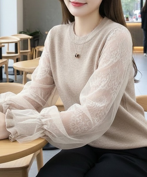 cammie(キャミー)の「袖シアーレース切替ニットトップス(ニット/セーター・レディース・ブラック/グレー/ベージュ・F)」の9枚目の写真