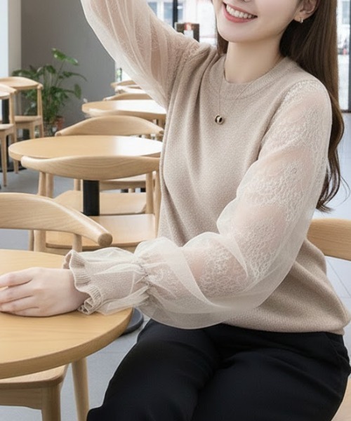 cammie(キャミー)の「袖シアーレース切替ニットトップス(ニット/セーター・レディース・ブラック/グレー/ベージュ・F)」の10枚目の写真