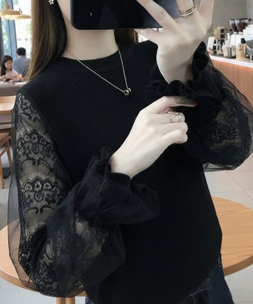 cammie(キャミー)の「袖シアーレース切替ニットトップス(ニット/セーター・レディース・ブラック/グレー/ベージュ・F)」の12枚目の写真