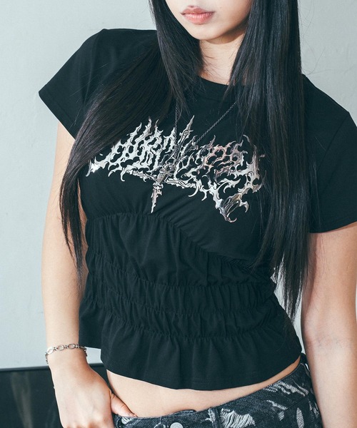 Subciety(サブサエティ)の「【WOMEN】Shirring tee(Tシャツ/カットソー・レディース・ホワイト/ブラック・FREE)」の1枚目の写真