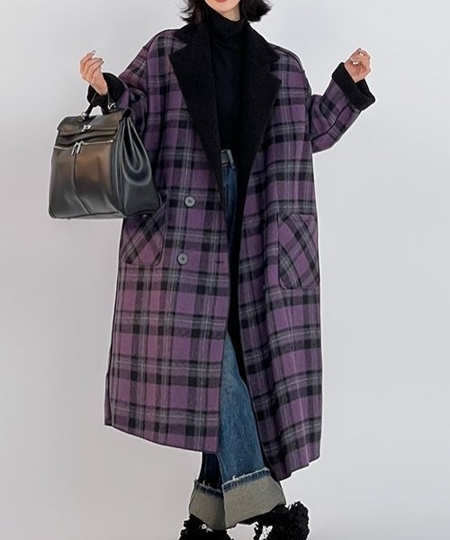 新品 未使用 ウールリッチ サーモア チェック ロングコート 黒 グレー 白 紫 チェスターコート ロング チェック柄[品番：JOKW0015056]｜REAL STYLE
