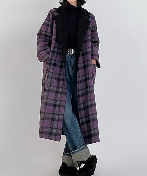 新品 未使用 ウールリッチ サーモア チェック ロングコート 黒 グレー 白 紫 Diosfront（ディオスフロント）の「リバーシブルチェック柄メルトン