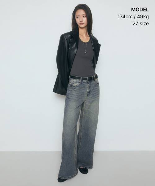 MUSINSA STANDARD WOMAN（ムシンサスタンダードウーマン）の「ウィメンズワイドトラペーズデニムパンツ[ラスティブルー]（デニムパンツ・レディース・その他・30/24/25/26/27/28/29）」の2枚目の写真