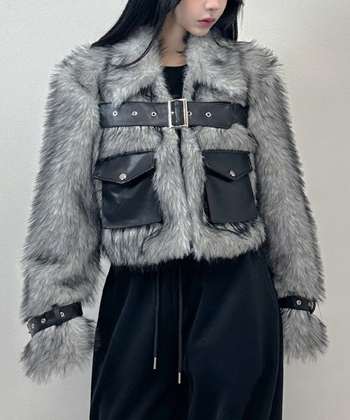 レザーポケットベルト ファーショートブルゾン ジャケット