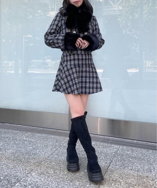 セール】【セットアップ対応アイテム】ファー付ノーカラージャケット