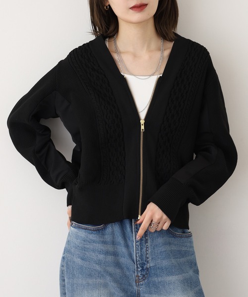 EGLANTINE(エグランティーヌ)の「EGLANTINE 軽量ポリエステルジップカーデ(カーディガン/ボレロ・レディース・ベージュ/ブラック/ダークブラウン・40)」の1枚目の写真