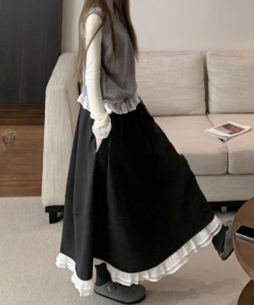 LADY LIKE（レディライク）の「異素材ミックス裾切替えウエストゴムロングスカート（スカート・レディース・ブラック/ダークグレー・M）」の16枚目の写真
