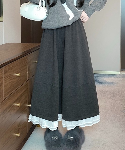LADY LIKE（レディライク）の「異素材ミックス裾切替えウエストゴムロングスカート（スカート・レディース・ブラック/ダークグレー・M）」の3枚目の写真