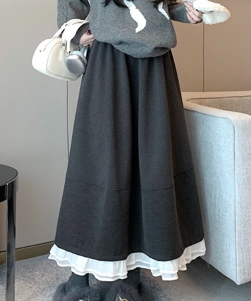 LADY LIKE（レディライク）の「異素材ミックス裾切替えウエストゴムロングスカート（スカート・レディース・ブラック/ダークグレー・M）」の4枚目の写真