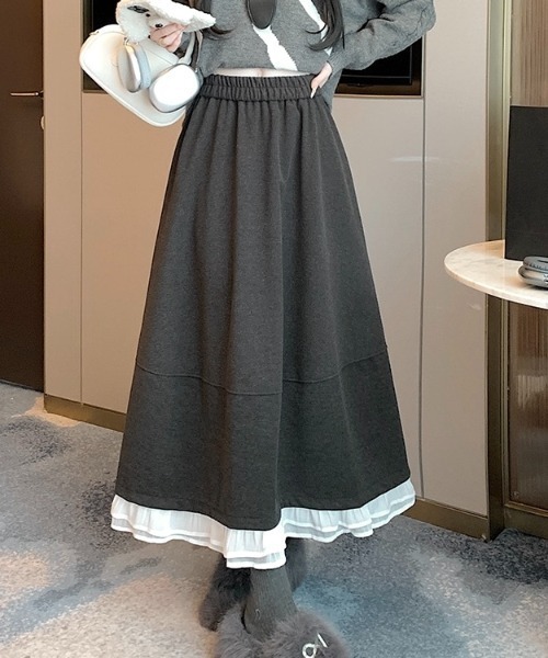 LADY LIKE（レディライク）の「異素材ミックス裾切替えウエストゴムロングスカート（スカート・レディース・ブラック/ダークグレー・M）」の6枚目の写真