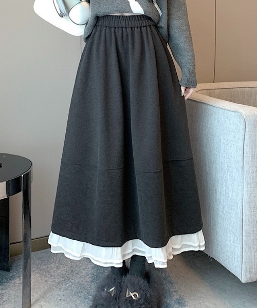 LADY LIKE（レディライク）の「異素材ミックス裾切替えウエストゴムロングスカート（スカート・レディース・ブラック/ダークグレー・M）」の7枚目の写真