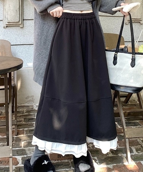 LADY LIKE（レディライク）の「異素材ミックス裾切替えウエストゴムロングスカート（スカート・レディース・ブラック/ダークグレー・M）」の9枚目の写真