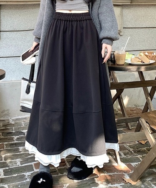 LADY LIKE（レディライク）の「異素材ミックス裾切替えウエストゴムロングスカート（スカート・レディース・ブラック/ダークグレー・M）」の11枚目の写真